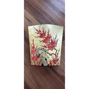 Vintage Asian Floral Vase Gold Painted Red Flowers Branch Decor‎